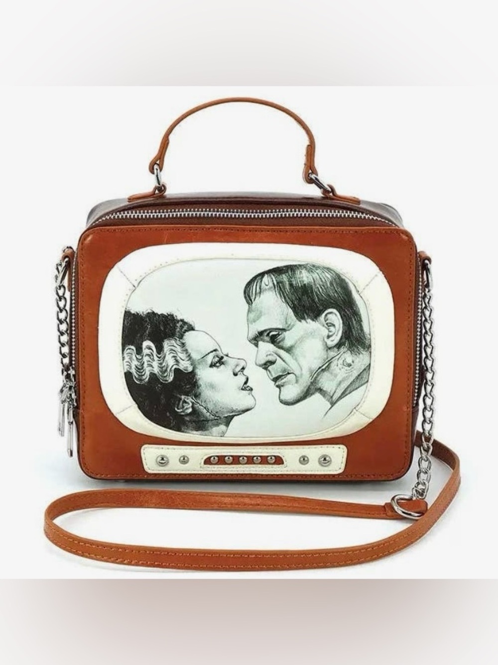 Brown and White Frankenstein TV Graphic Crossbody Bag